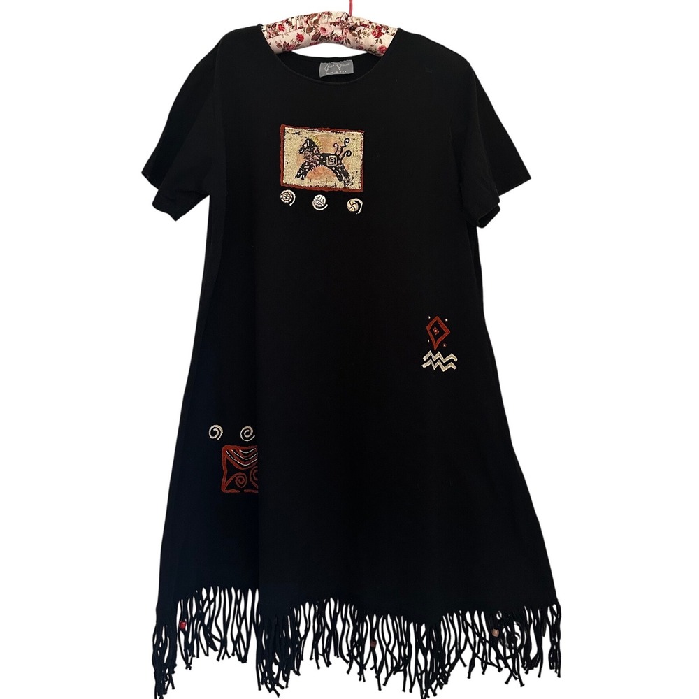 Vintage Cover Charge Black Cotton Fringe Dress Southwest Horse Artsy 90s 1X USA